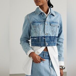 SLVRLAKE S Trucker Cropped Distressed Two-Tone
Denim Jacket Washed Valley NWOT